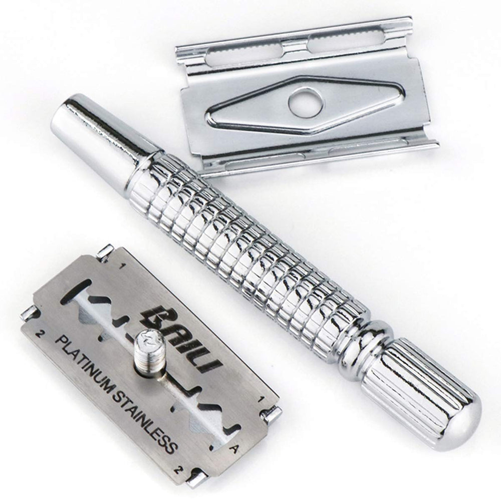 Eco Classic Metal Double Edge Safety Razor Close Wet Shaving for Men Women with 1 Platinum Swedish Blade, Silver BT131