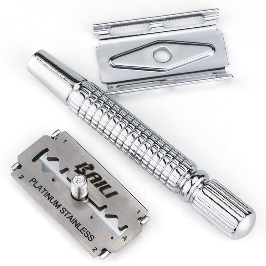 Eco Classic Metal Double Edge Safety Razor Close Wet Shaving for Men Women with 1 Platinum Swedish Blade, Silver BT131