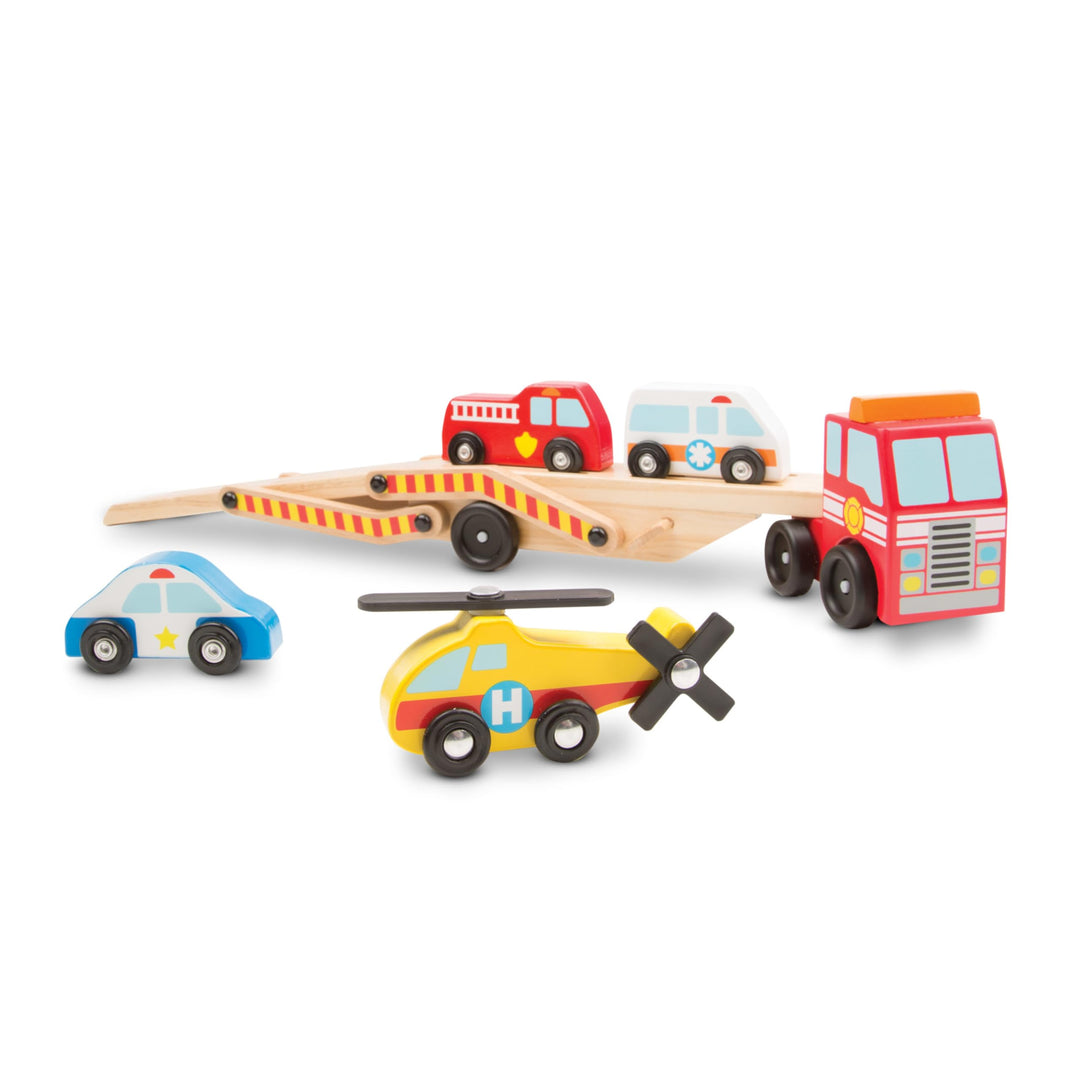 Melissa &amp; Doug Wooden Emergency Vehicle Carrier Truck With 1 Truck and 4 Rescue Vehicles