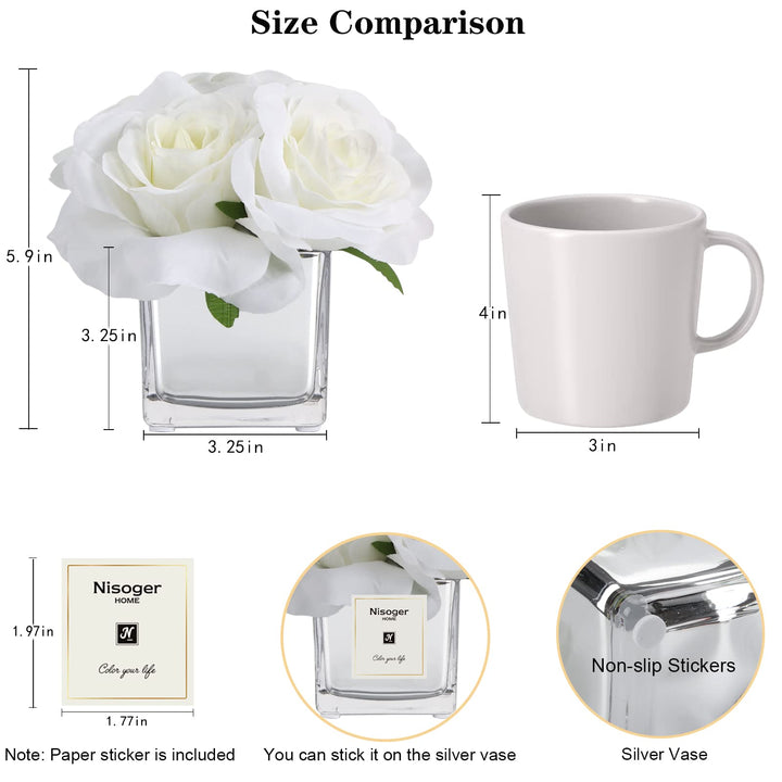 2 Pack Fake Flowers with Vase, Silk Roses Artificial Flowers in Vase, Faux Flower Arrangement with Vase Suitable for Home Office Decoration, Dining Table Centerpiece