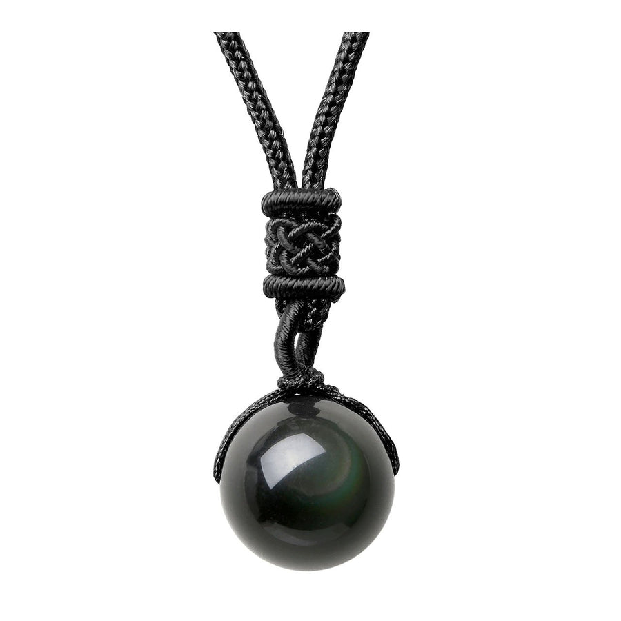 16mm Natural Black Obsidian Rainbow Eyes Stone Lucky Blessing Chakra Beads Pendant Necklace with Adjustable Braided Rope Cord