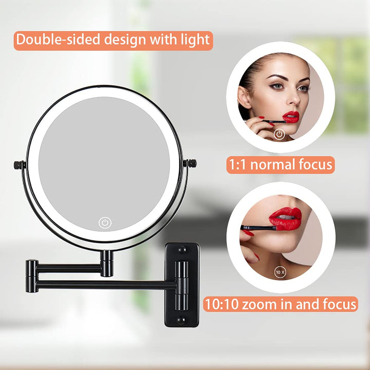 Rechargeable Wall Mounted Lighted Makeup Mirror, Mounted Makeup Magnifying Mirror with Lights,10X LED Vanity Mirror Wall Mounted, 8 Wall Bathroom Light Up Magnified Mirror (Black)