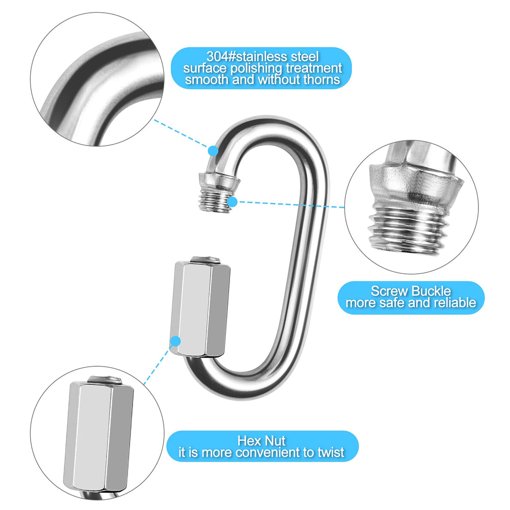 4pcs 1/4 Inch Quick Links Locking Carabiner, 304 Stainless Steel M6 Quick Links Chain Connector,Heavy Duty Chain Repair Links,for Outdoor Activities and Indoor Equipment