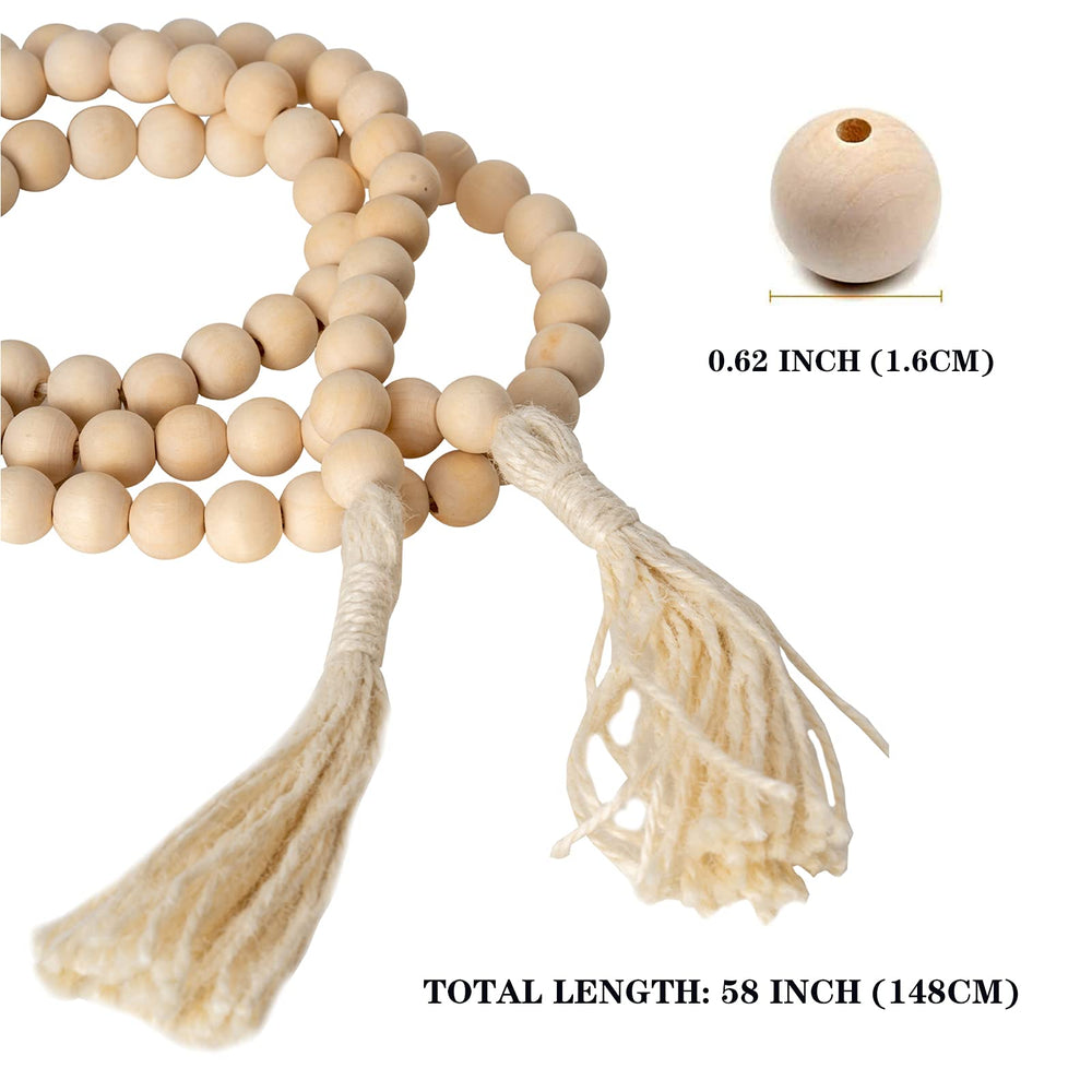 Farmhouse Wood Beads Garland Decor, 58 Inch Wooden Beads for Boho Home Decor with Tassels, Rustic Country Decor for Table, Wall, Shelf, Tray, Vase, Living Room, Bedroom, Summer
