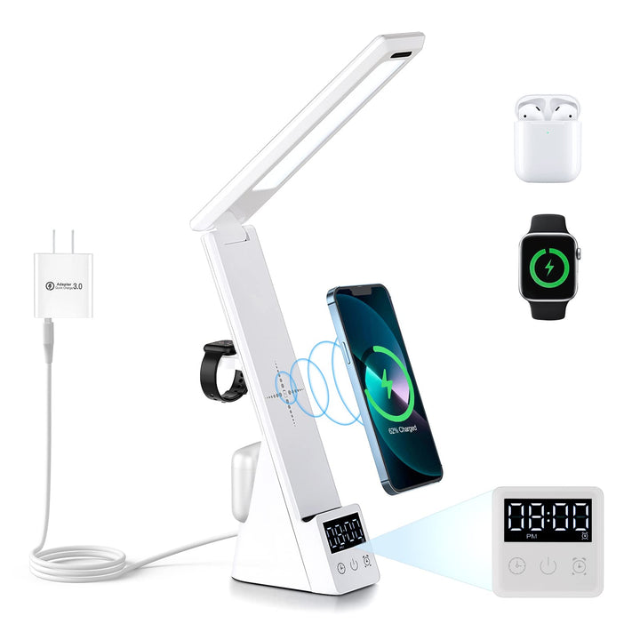 LED Desk Lamp with Wireless Charger 3 in 1 Fast Charging Station, Touch Control Desk Lamp with Clock, Alarm, 3 Lighting Modes &amp; Stepless Brightness Home Office Eye-Caring Table Lamps White