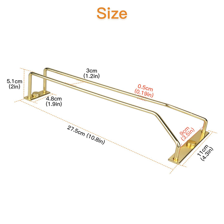 10.8 Inch Gold Wine Glass Rack, Under Cabinet Wine Glass Holder, Metal Stemware Rack Wine Glass Hanger for Kitchen Storage (2 Pack)