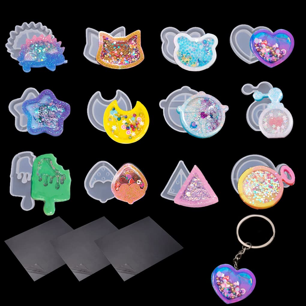 9Pcs Resin Shaker Molds,Kawaii Quicksand Epoxy Casting Mold,Cat Animal Silicone Mold with 3 Sheets Film DIY Pendant Jewelry Decoration Craft