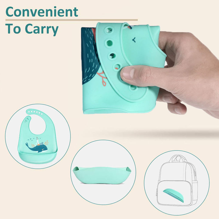 Baby Bibs Silicone Feeding Bibs, Weaning Waterproof Bibs with Food Crumb Catcher Pocket Baby Bibs Easily to Clean, Comfortable and Foldable