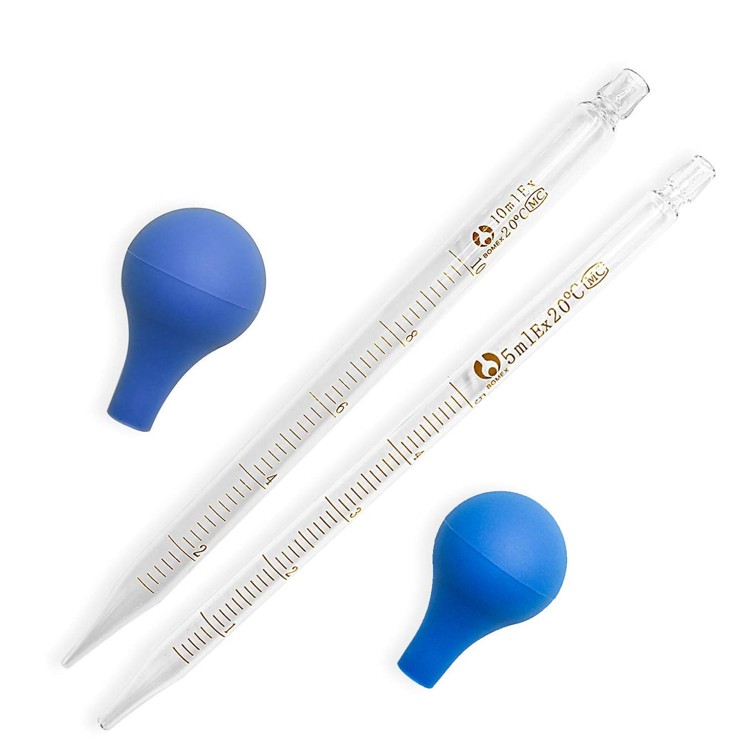 6 Pieces Glass Pipette 3 x 5ml + 3 x 10ml Glass Graduated Pipette Droppers Lab Pipette Transfer for Liquid Essential Oil with 6 Rubber Caps
