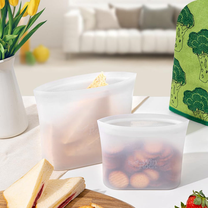 Reusable 100% Silicone Food Storage Bags, Sandwich Snack Bags New Generation Stand Up Zip Container for Soup and Leftovers, Plastice &amp; BPA Free, Microwave Oven Safe 3 Pack (51oz, 34oz, 17oz)