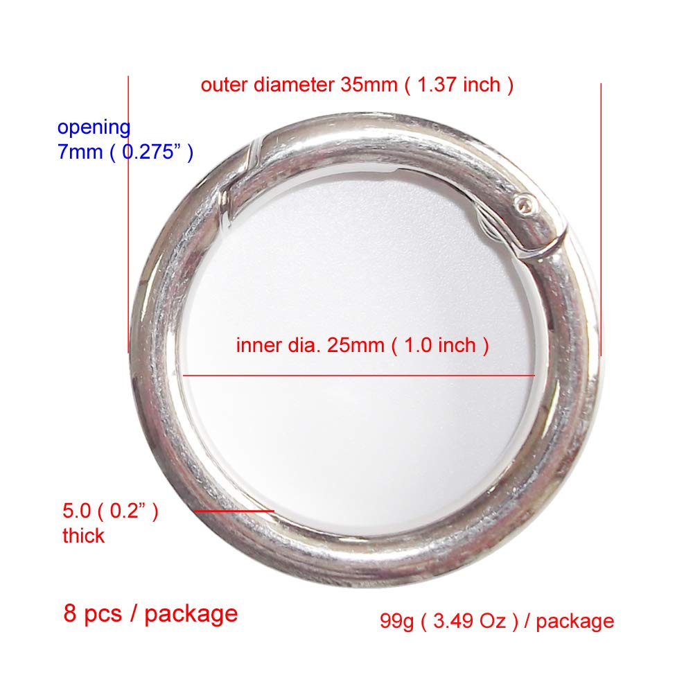 Sturdy Alloy Spring O Ring,Spring Clip Round Carabiner,Metal Circle Trigger Rings Firm Clasp Snap Hook Key Ring Buckle Fastener,Range 3/4 inch to 2 inch Size (Silver, 35mm(1.37))