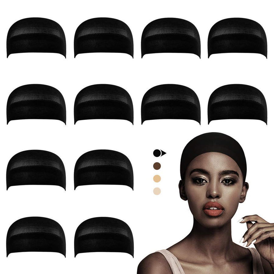 12 Pack Black Nylon Wig Caps, Stretchy Close End Stocking Wig Caps