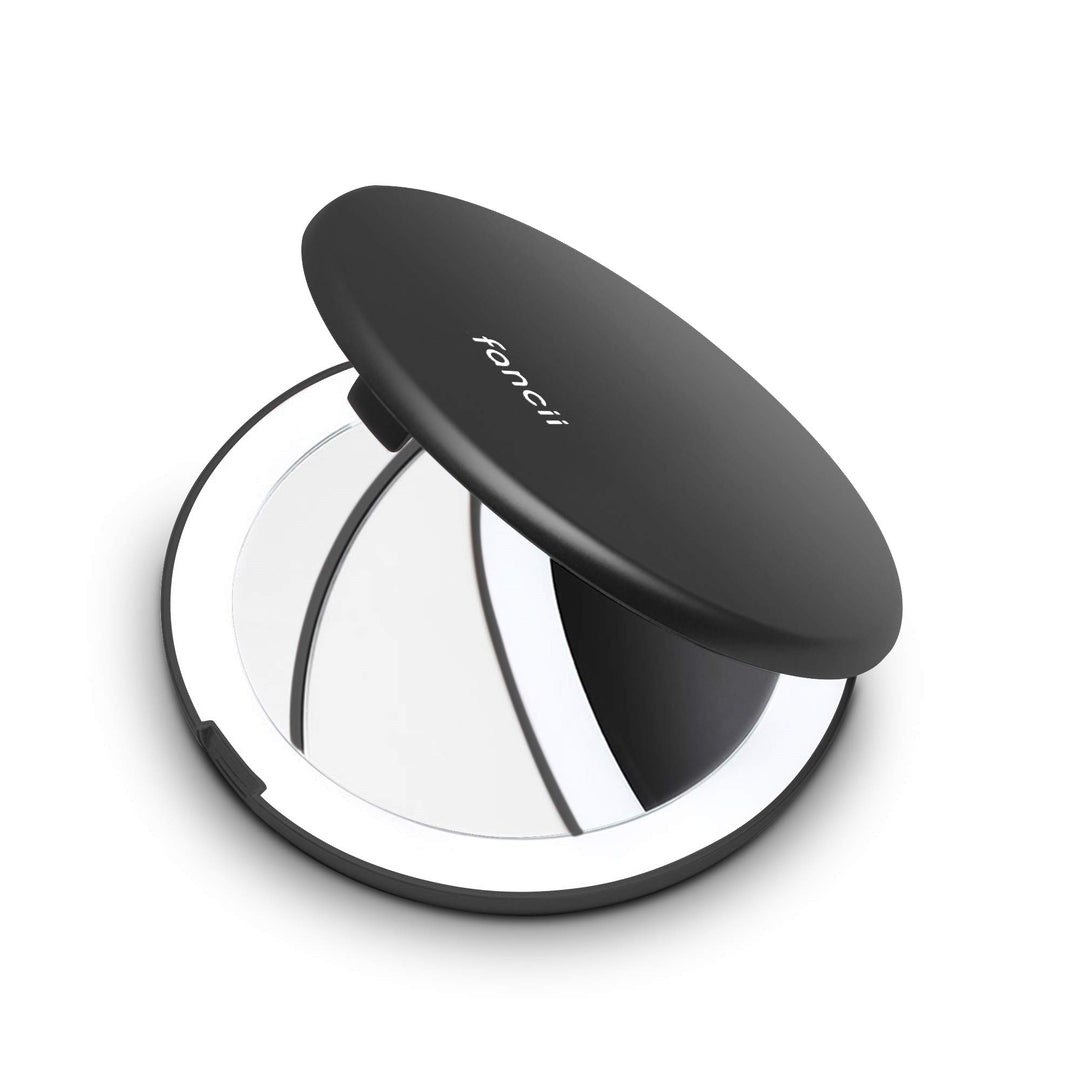 Small Compact Magnifying Mirror with Natural LED Lights, 1x &amp; 10x - Daylight LED, Portable Mini Pocket Lighted Mirror for Purses and Travel, Midnight Black (Lumi Mini)