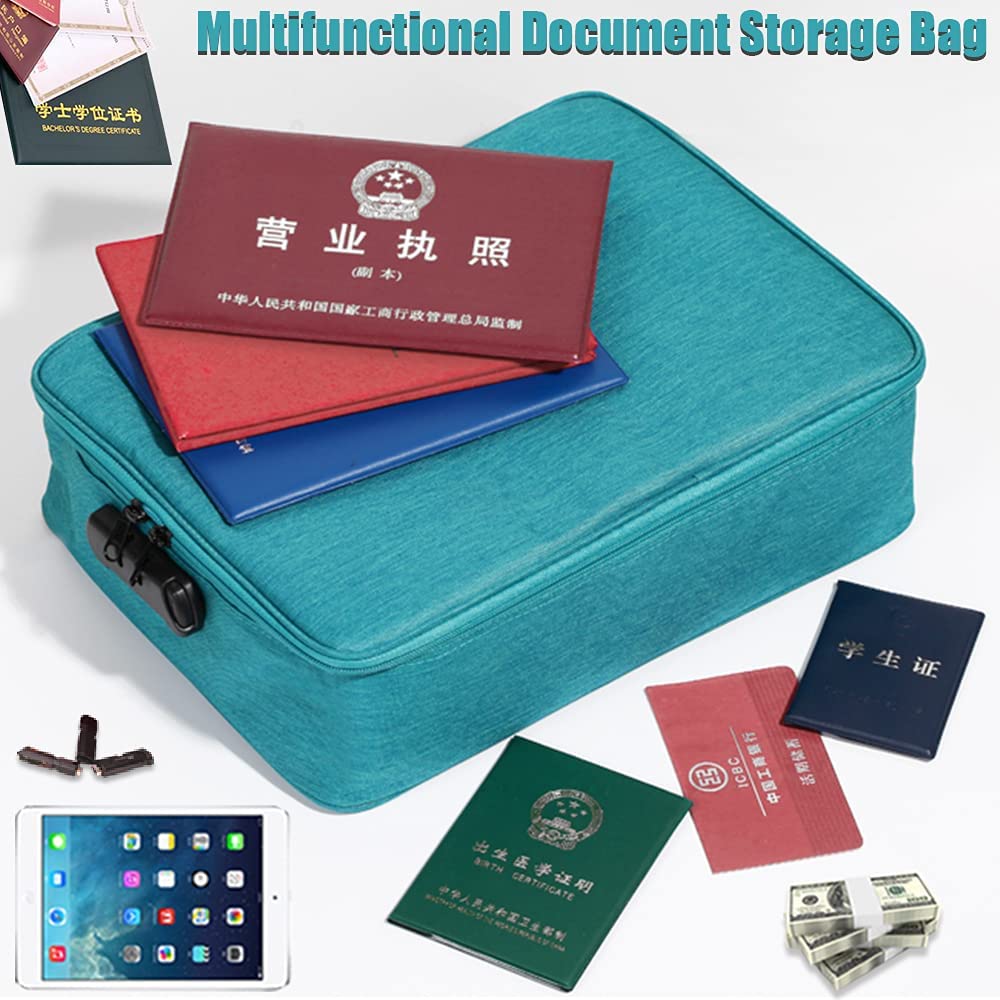 Oxford Document Bag with Safe Lock, Multi-Layer Storage Pouch, Diploma Without Vibration, Portable for MacBook, Passport, Package File, A4 Size, Lake Blue