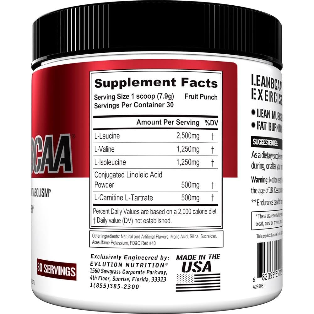 Stimulant Free Lean BCAA Powder Nutrition BCAAs Amino Acids Powder with CLA Carnitine and 2:1:1 Branched Chain Amino Acids Supports Muscle Recovery Fat Burn and Metabolism - Fruit Punch