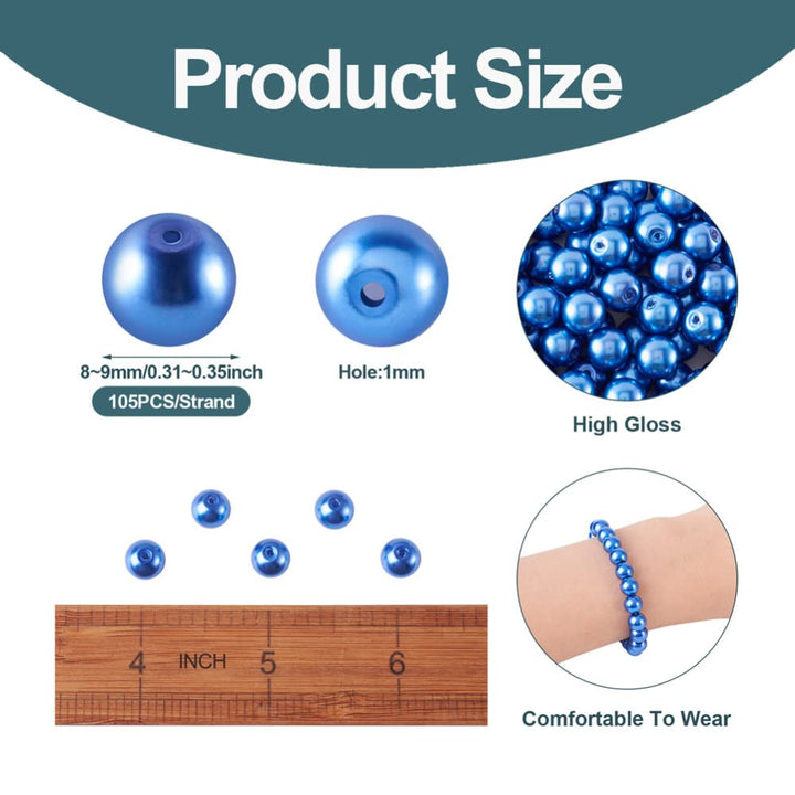 100pcs/strand 8mm Round Glass Pearl Beads Strand Tiny Satin Luster Pearl Beads Loose Spacer for DIY Bracelet Necklace Earrings Jewelry Making Crafts Supplies (Royal Blue)