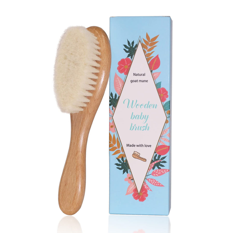 Baby Hairbrush, Baby Massage Brush with Wooden Handle & Super Soft Goat Bristles for Newborns & Toddlers