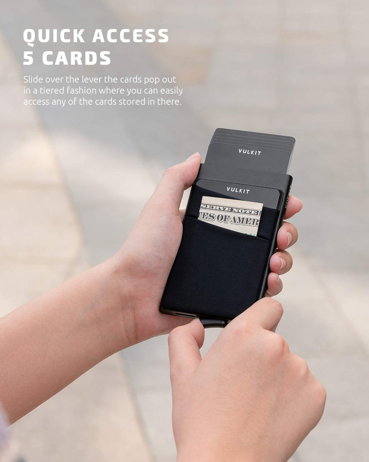 Card Holder with Money Pocket Pop Up Wallet RFID Blocking Slim Metal Bank Card Case Holds 5 Cards and Notes(Black)