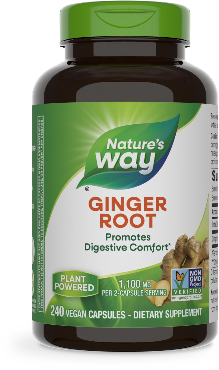 Nature&#39;s Way Ginger Root, Promotes Digestive Comfort*, 1,100 mg Per 2-capsule Serving, Non-GMO Project Verified, Vegan, 240 Capsules (Packaging May Vary)