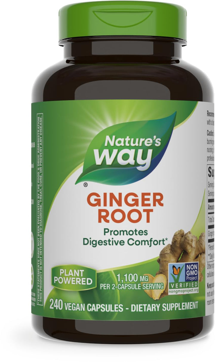 Nature&#39;s Way Ginger Root, Promotes Digestive Comfort*, 1,100 mg Per 2-capsule Serving, Non-GMO Project Verified, Vegan, 240 Capsules (Packaging May Vary)