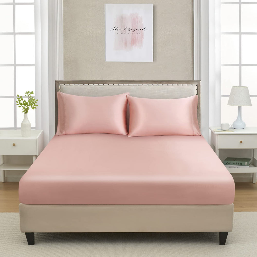 King Silk Satin Fitted Sheet, Soft Deep Pocket Single Bottom Bed Sheets Sold Separately, Wrinkle Free, Non- Fading, Breathable, Fully Elasticized(King Size, Blush)