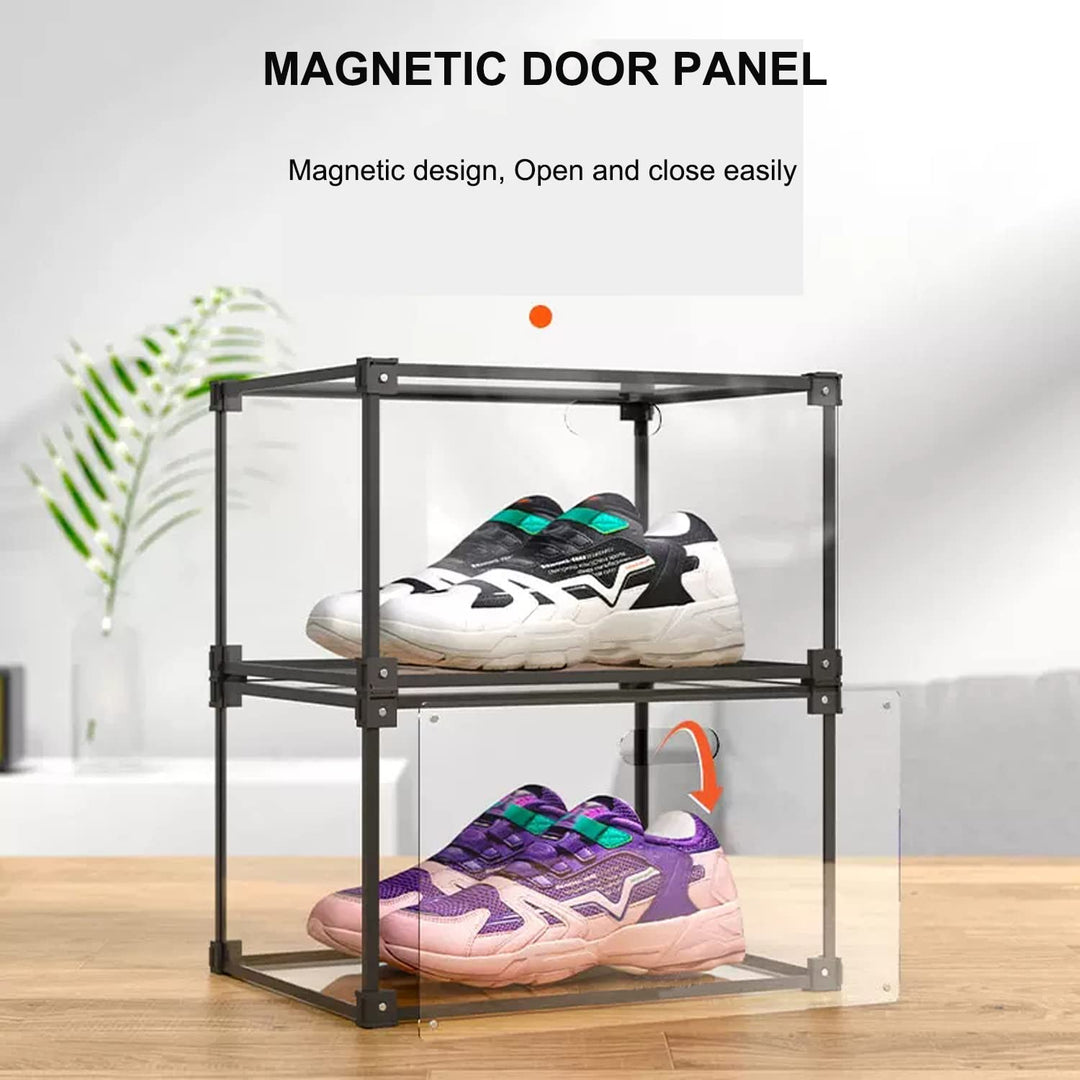 Magnetic Side Open Transparent Plastic Storage Shoe Box Storage Shoe Box Sneaker Storage Box Display Box Shoe Container Clear Closet Shelf Shoe Organizer (Black 4PC)