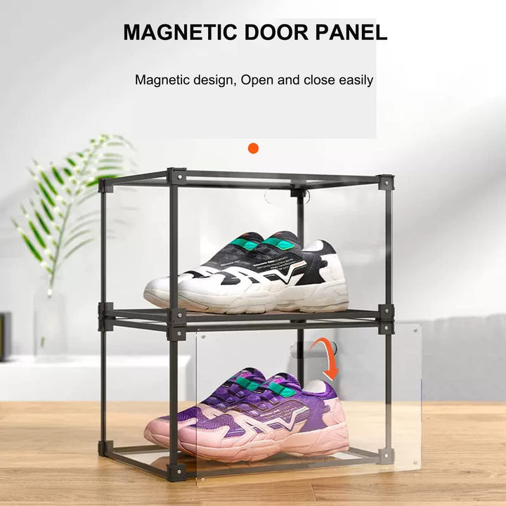 Magnetic Side Open Transparent Plastic Storage Shoe Box Storage Shoe Box Sneaker Storage Box Display Box Shoe Container Clear Closet Shelf Shoe Organizer (Black 4PC)
