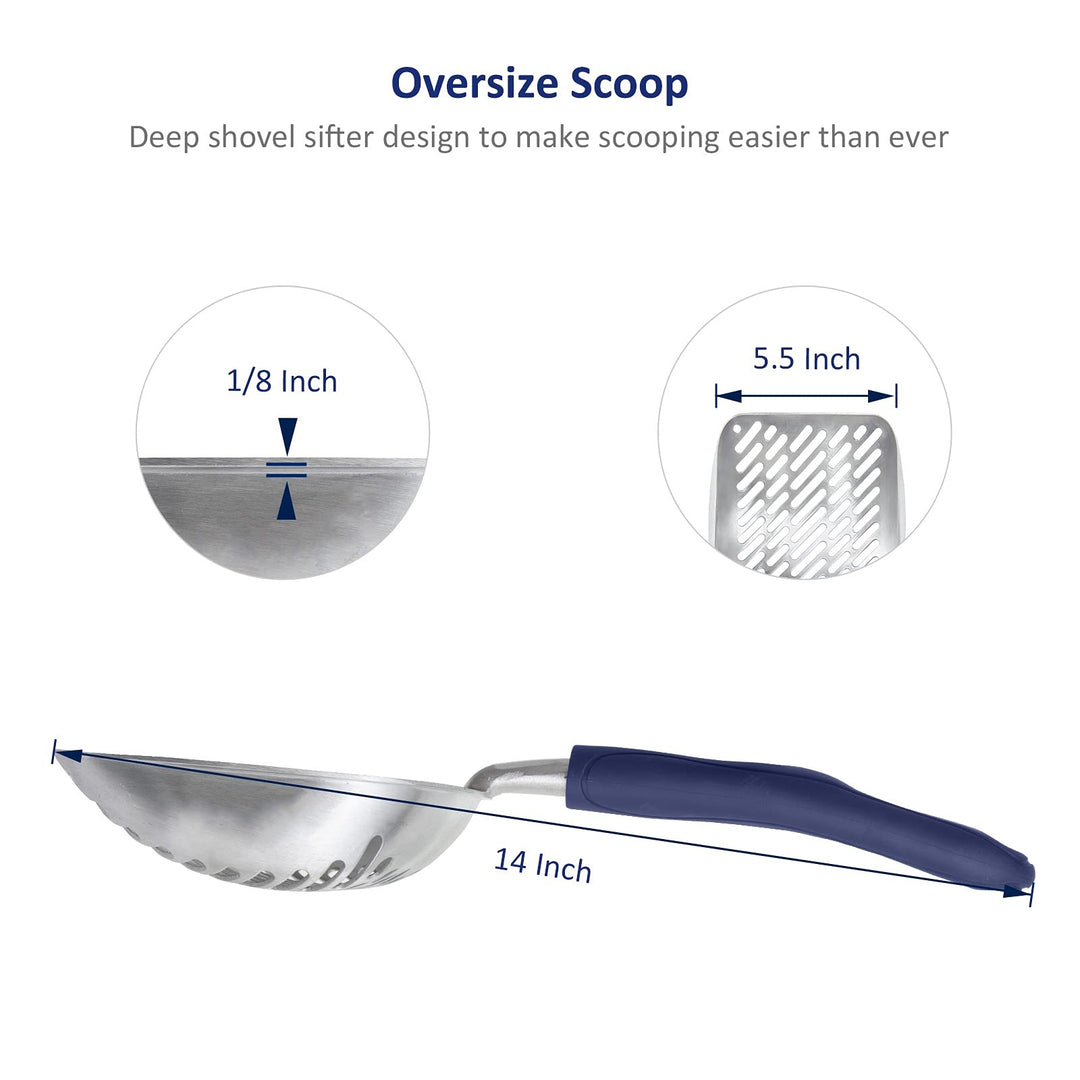 WePet Cat Litter Scoop, Aluminum Alloy Sifter, Kitty Metal Scooper, Deep Shovel with Diagonal Sifting Hole, Long Handle, Kitten Poop Lifter for Litter Box, Large Size, Blue Handle