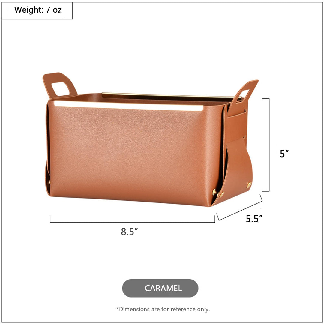 Decorative Faux Leather Basket,Small Catchall Basket for Entryway Bedside Dresser End table,Foldable Rectangle Tray Organizer Box,Set of 2,Caramel