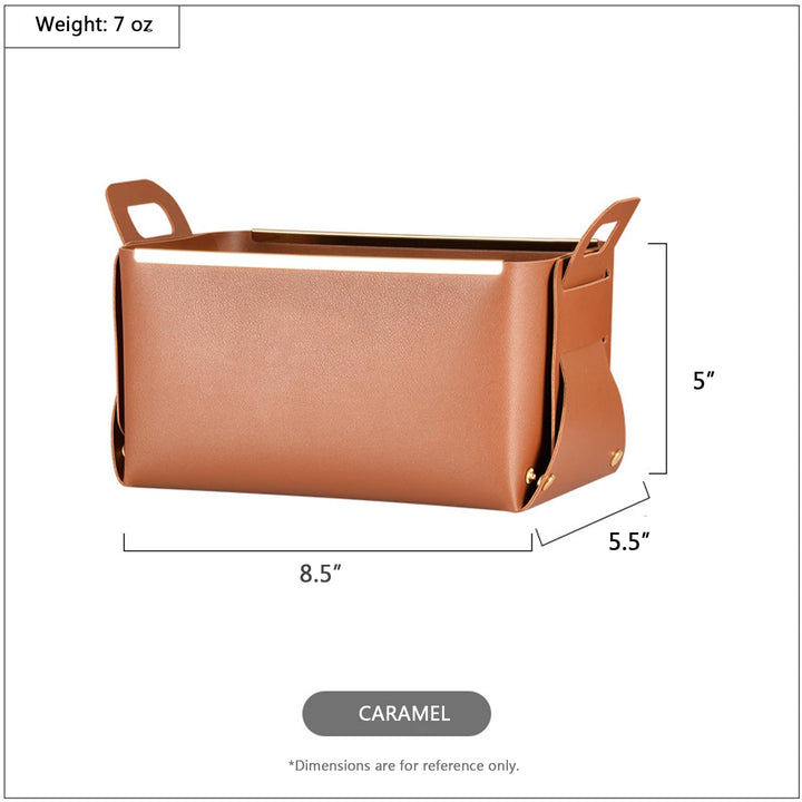 Decorative Faux Leather Basket,Small Catchall Basket for Entryway Bedside Dresser End table,Foldable Rectangle Tray Organizer Box,Set of 2,Caramel