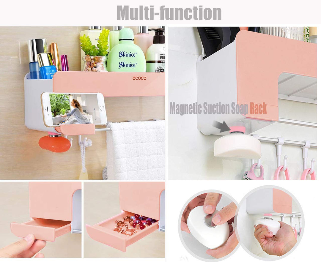 Adhesive Bathroom Shelf Storage Organizer Wall Mount No Drilling Shower Shelf Kitchen Storage Basket Rack Shelves Shower Caddy Pink
