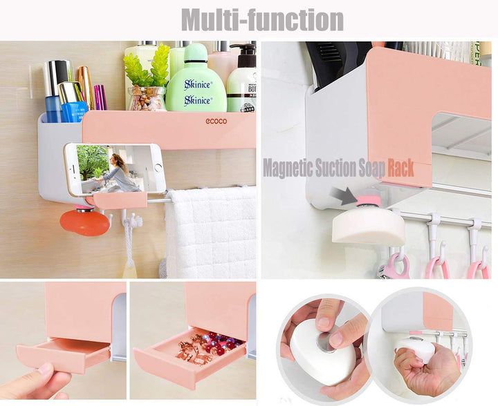 Adhesive Bathroom Shelf Storage Organizer Wall Mount No Drilling Shower Shelf Kitchen Storage Basket Rack Shelves Shower Caddy Pink