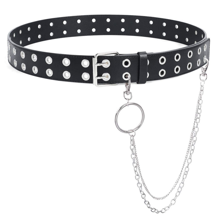 Double Grommet Leather Belt with Detachable Chain for Women Men,Punk Black Belt with Double Studded Holes for Jeans