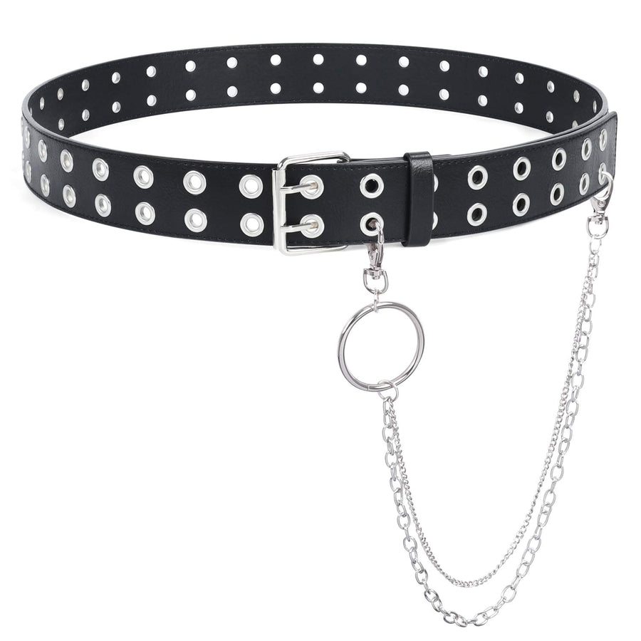 Double Grommet Leather Belt with Detachable Chain for Women Men,Punk Black Belt with Double Studded Holes for Jeans
