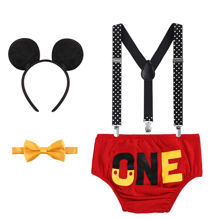 Baby Boys 1st/2nd Birthday Cake Smash Outfit Bloomers Diaper Cover Y Back Suspender Bowtie Set Mouse Ears Headband Photoshoot (Red ONE, 12-18 Months)