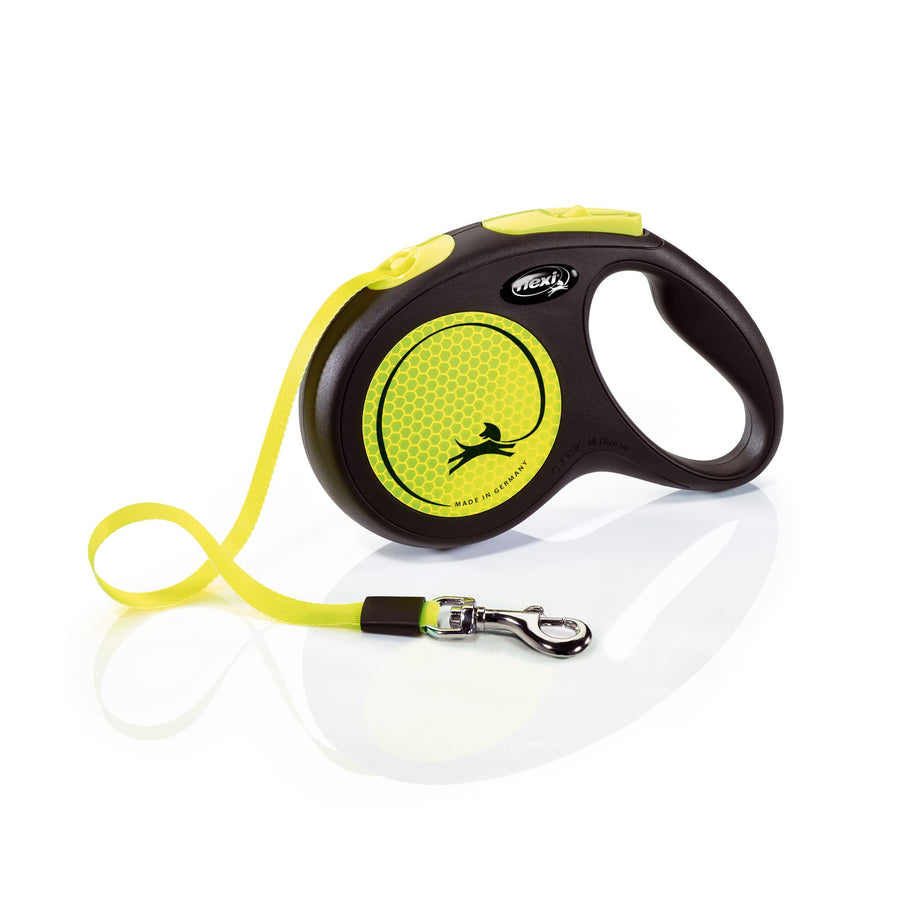 New Neon Tape Retractable Dog Leashes for Medium Dogs Upto 55 lbs. – 16 ft., Neon Yellow/Black | Tangle Free Pet Walking Leash with One-Handed Brake, Pause, Lock|German Quality Product