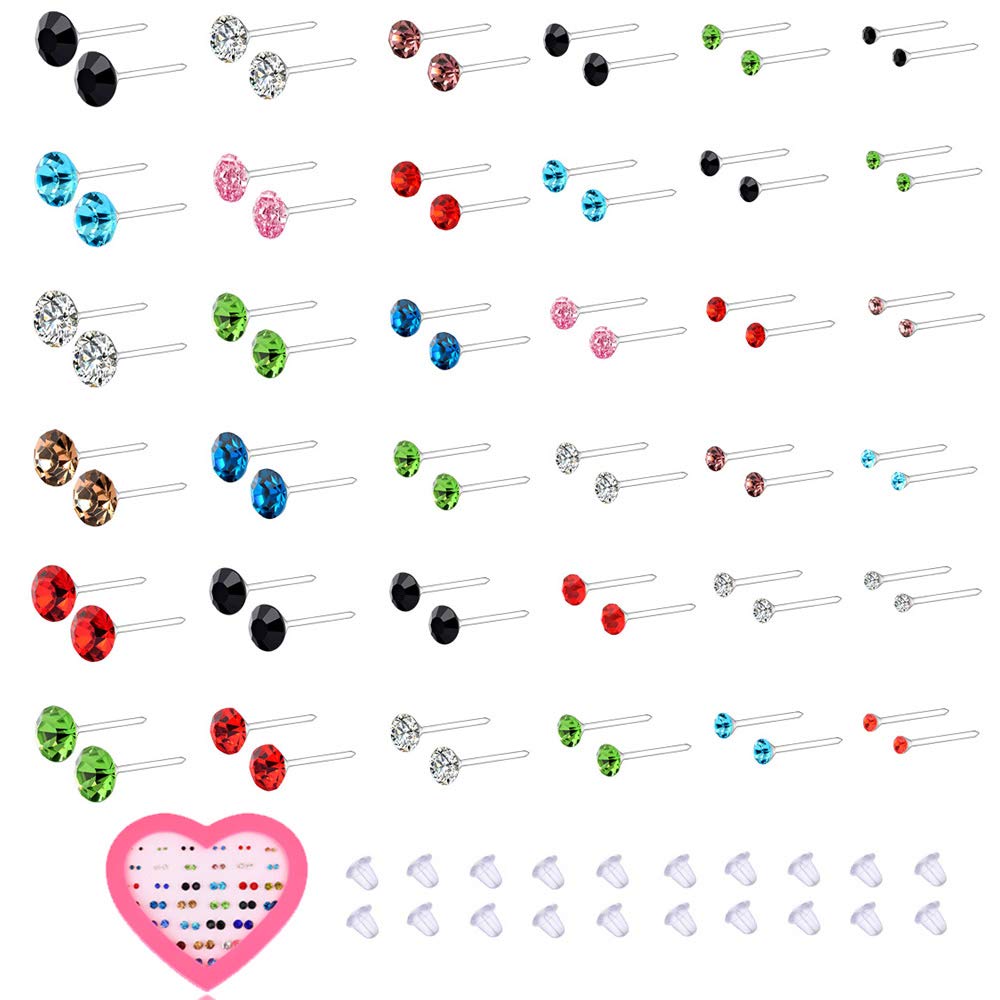 16G 72PCS Universal Zircon Plastic Silcone Anti-Allergy Studs Ear Nail Ear Needle Mixed Color Set Earrings Set for Women