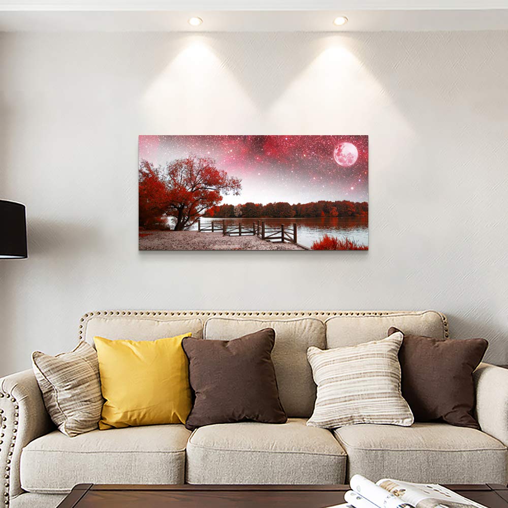 Print Artwork Wall Art Decor Poster for living room Red tree moon starry sky red landscape painting bathroom Wall Art for bedroom Canvas Prints Picture Works Ready to Hang Office Home decorations