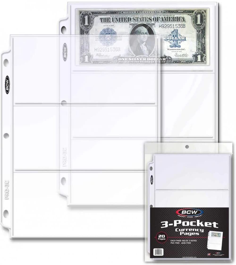 Pro 3-Pocket Currency Page - 20 ct | Archival Quality, Toploader Pockets, High-Clarity Polypropylene | Ideal for 3½x8 Bills | Numismatic Collection Storage and Display | Clear Money Sleeves