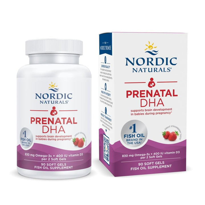 Prenatal DHA, Strawberry - 90 Soft Gels - 830 mg Omega-3 + 400 IU Vitamin D3 - Non-GMO - 45 Servings
