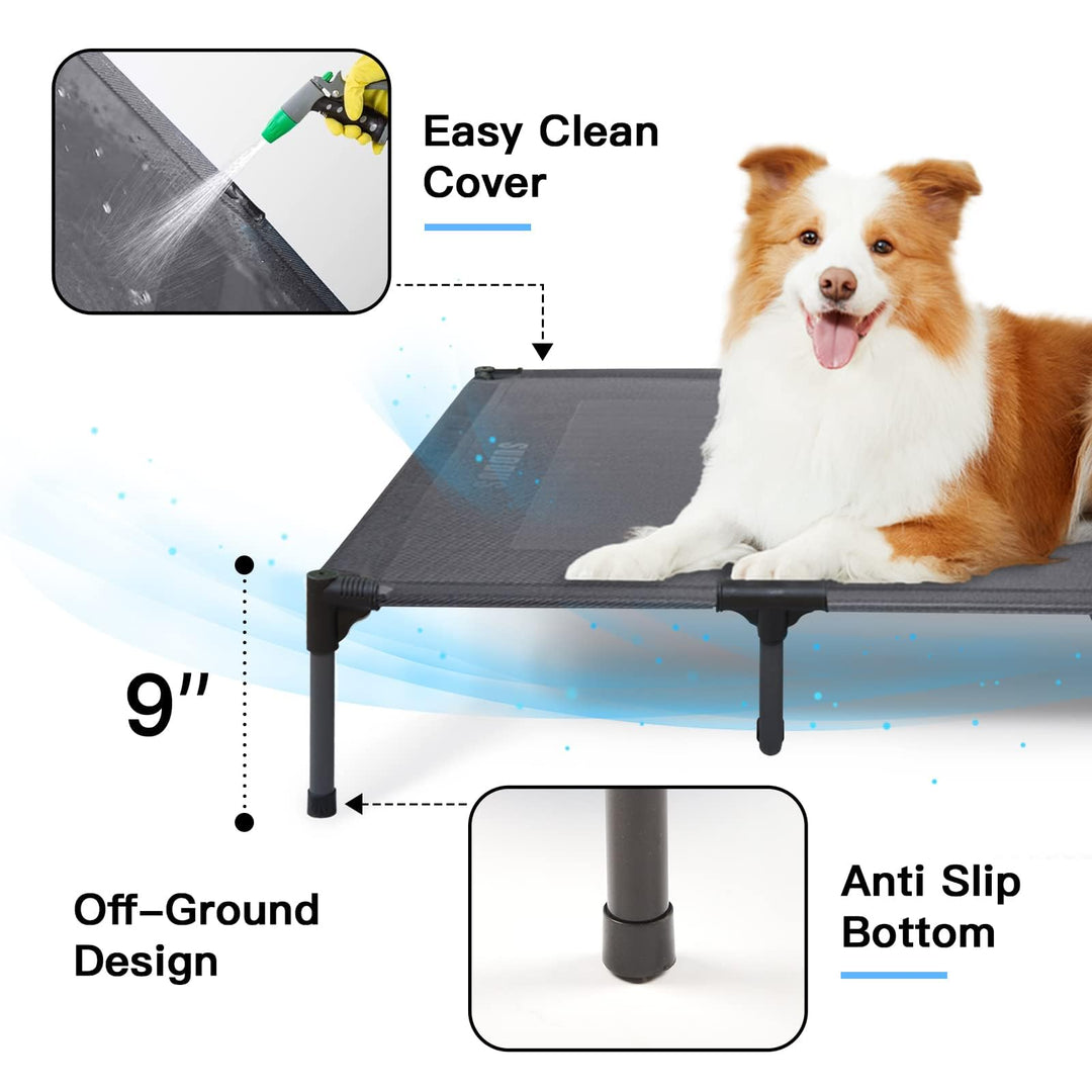 Suddus Elevated Dog Bed for Large Dogs 140lb, Breathable Cooling Raised Dog Cot with Dual Support Bars &amp; Metal Frame, No-Slip Feet, Waterproof Pet Bed for Indoor/Outdoor, X-Large, 48 * 36 * 9in, Grey