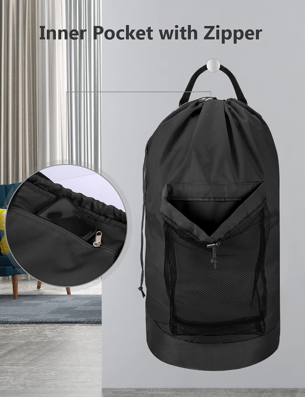 Backpack Laundry Bag with Shoulder Straps and Mesh Pocket Durable Nylon Clothes Hamper Bag with Drawstring Closure for College, Travel, Laundromat, Apartment