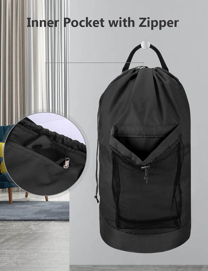Backpack Laundry Bag with Shoulder Straps and Mesh Pocket Durable Nylon Clothes Hamper Bag with Drawstring Closure for College, Travel, Laundromat, Apartment