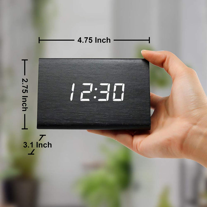 Wooden Wood Clock, New Version LED Alarm Digital Desk Clock Adjustable Brightness, Alarm Time, Displays Time Date Temperature - Black