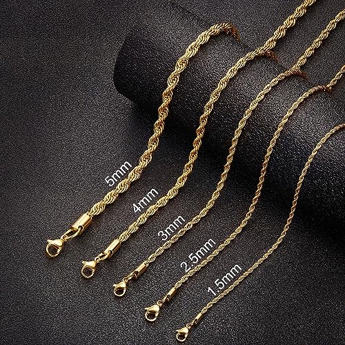 Gold Plated Necklace for Men 2.5MM 28 Inches Stainless Steel Twist Rope Chain for Women Mens