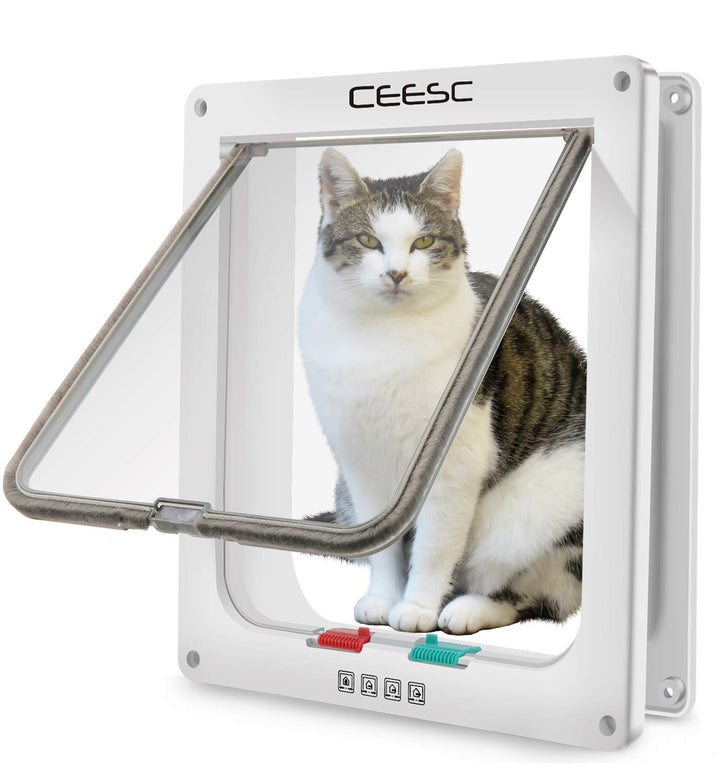 CEESC Extra Large Cat Door (Outer Size 11x9.8), Weatherproof, White, ABS Material, 4-Way Locking Flap for Cats & Dogs up to 25.54 lbs