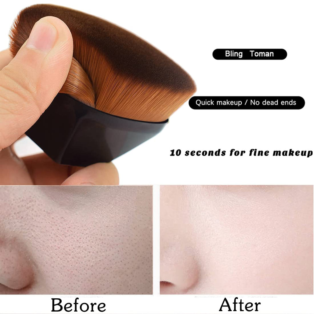 BlingToman 2 Pcs Foundation Brushes Set Flat Top Kabuki Face Blush Brush Foundation Brush for Blending Liquid, Cream or Flawless Powder Cosmetics with Portable Travel Case (black&amp;champange)