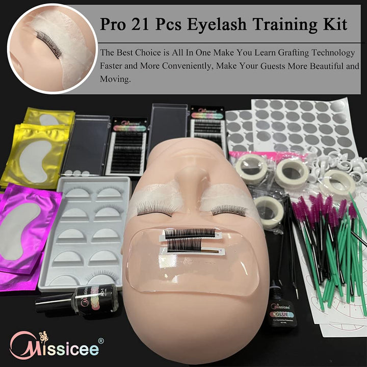 Lash Eyelash Extension Kit, False Eyelash Grafting Training Tool Kit For Beginners Eyelashes Extensions Practice with Flat Mannequin Head Individual Lashes Tweezers