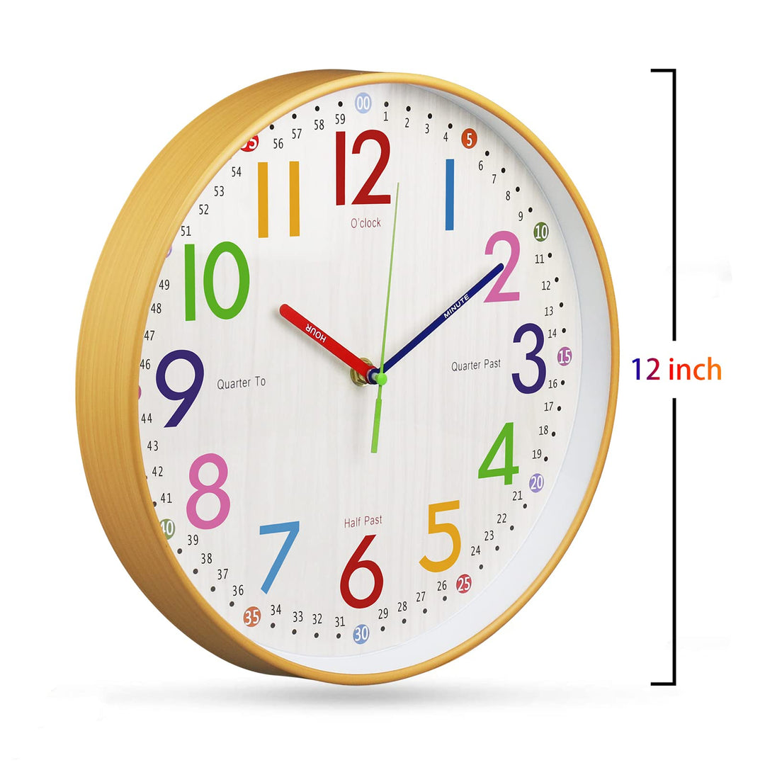 Learning Clock for Kids 12 inch Educational Wall Clock Silent Movement and Colorful Numerals Kids Wall Clocks for Classroom,Playroom Nursery Bedrooms Kids Room,School