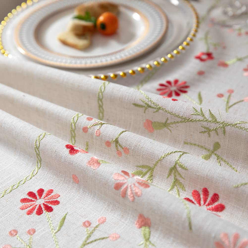 Table Cloth Embroidery Floral Pattern Wrinkle Free Heavy Weight Cotton Linen Farmhouse Tablecloth Decorative Fabric Tassel Table Cover for Outdoor and Indoor Use (Rectangle,55 x 102 Inch)